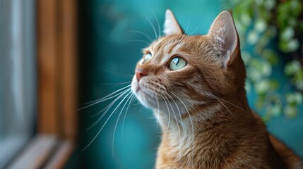 cat on the mint blue background