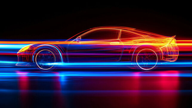 A car is shown in a blur of light and color, with the car's headlights