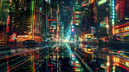 Obraz premium Neon Metropolis: Futuristic Cityscape with Reflective Surfaces, Towering Buildings, and Vibrant Light Trails