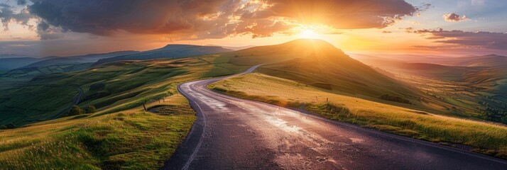 Sunset Over Winding Road in Mountains