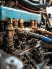 A close up of a car engine with a blue hose attached to it