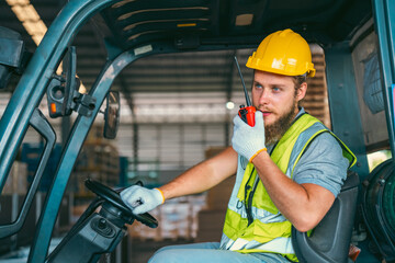 Efficient Factory Logistics, Men at Work Safely Operating Forklifts in Warehouse for Distribution Storage, Managing Freight and Stock with Care, Ensuring Safe Handling of Packages and Transportation