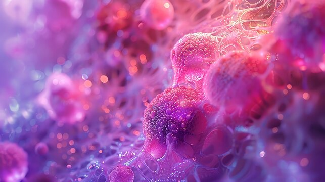 Close-up view of cellular structures in a vibrant, abstract environment. Perfect for biotechnology, medical, or science-related content.