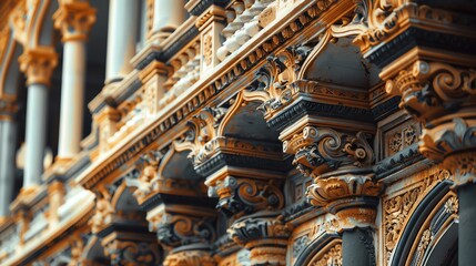 Detailed close-up of ornate architectural columns featuring intricate carvings and golden accents, showcasing classic elegance and craftsmanship.