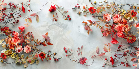  The image is modern abstract with metal elements a texture background and flowers and plants
