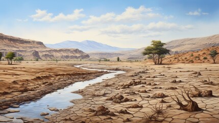 Dried lake and river on summer. Water crisis and climate change. Neural network ai generated art
