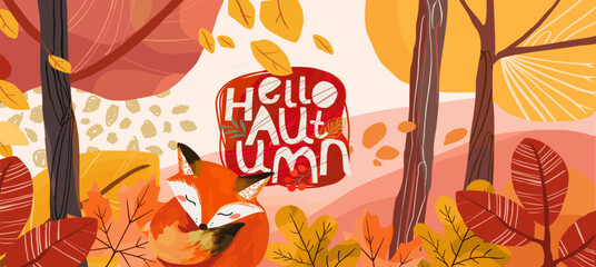 Hello, autumn. Vector cute illustration of nature, landscape, forest, leaves, leaf, fox, maple leaf for baanner, greeting card, invitation, poster or background