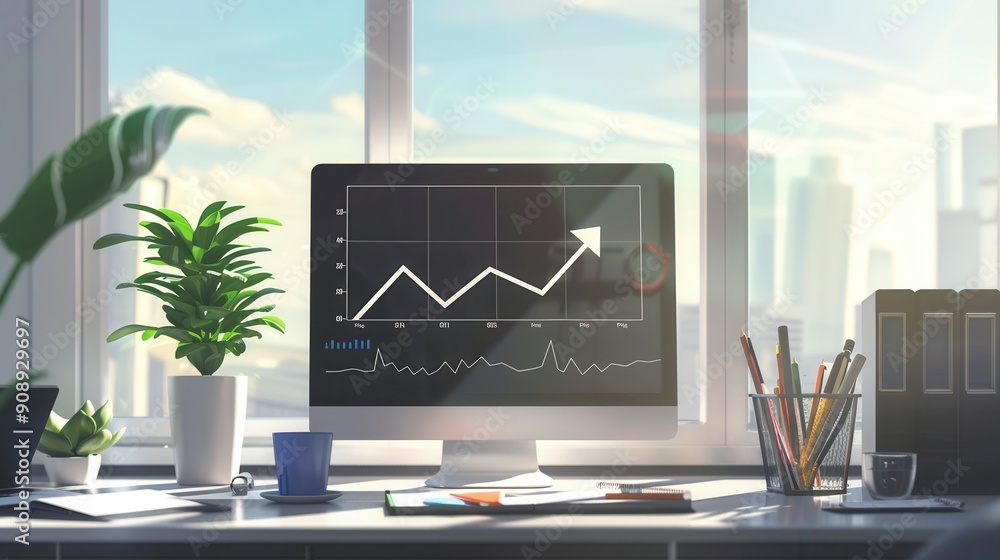 Aufkleber A sleek office space features a large monitor showing a growth chart with increasing trends, illuminated by sunlight from expansive windows. Generative AI