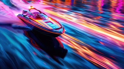 Obraz premium Neon Speed - High-Speed Boat Racing with Vibrant Light Trails and Reflections in Neon-Lit Waters