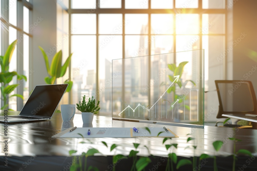 Aufkleber A sleek office with abundant natural light showcases a digital growth graph beside laptops and greenery, creating an inspiring and productive workspace. Generative AI
