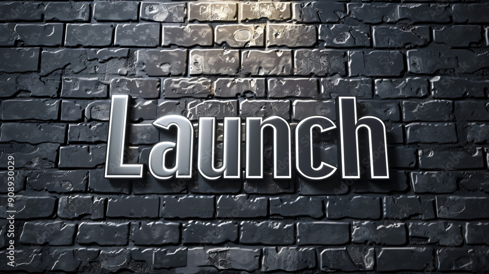 Aufkleber rendering of metallic launch sign illuminated on black brick wall in 3d