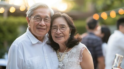 An elderly couple happily poses together at a family gathering, radiating warmth and joy during the evening