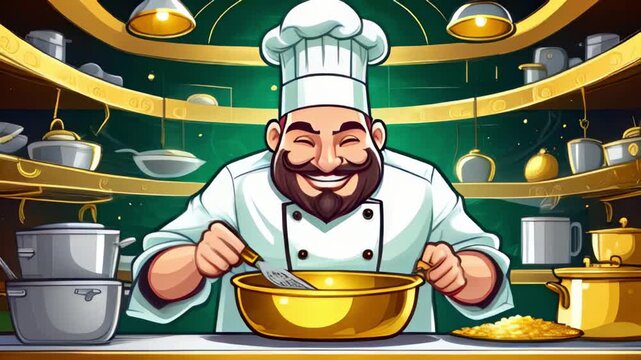 cheerful chef with moustache in white clothes and white cap preparing food in the kitchen in gold tone