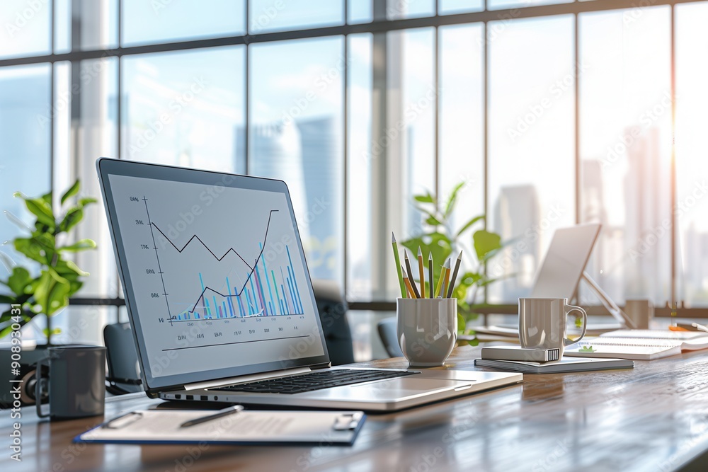 Poster a sleek workspace showcases a laptop with graphs, surrounded by plants, coffee, and a bright view of