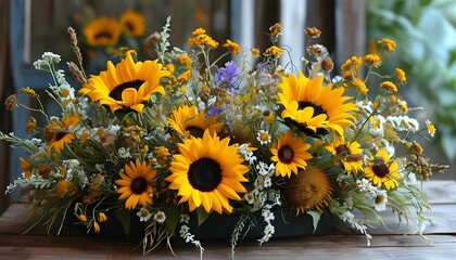 The exquisite bouquet of colorful sunflowers and wild flowers is like a natural work of art.