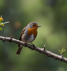 robin on a branch , . natural panoramic photo with little funny birds and Chicks sitting on a branch in summer