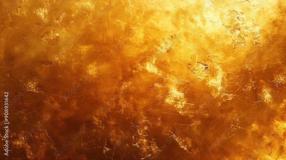 Poster rich amber tones blend with shiny gold, creating a luminous backdrop that evokes warmth and a sense 