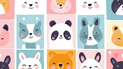 A Colorful Grid of Cute Animal Faces with Hearts