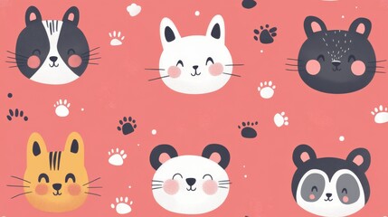 Seamless Pattern with Cute Cartoon Animal Faces and Paw Prints