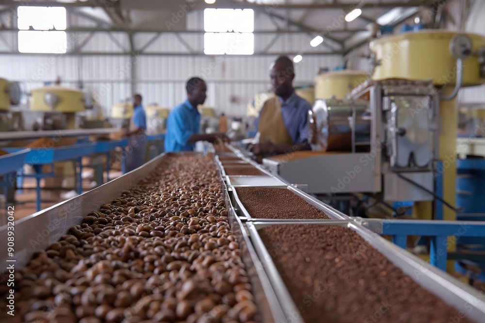 Poster cashew nuts and shells moving on a conveyor belt are being processed by factory workers in a cashew 
