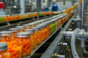 Conveyor belt carrying glass jars with preserved food, being prepared for distribution in a food processing plant