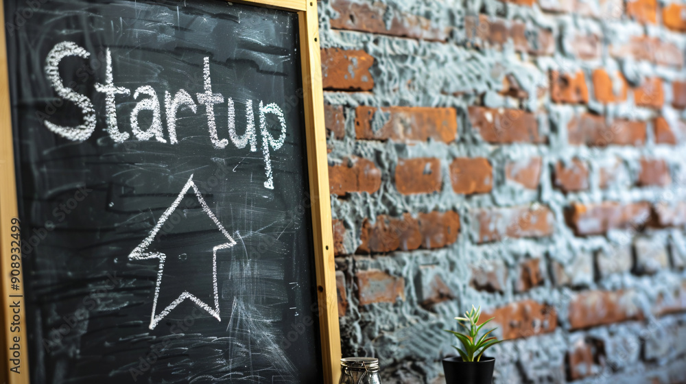 Poster chalkboard with the word startup and an upward-pointing arrow symbolizing progress