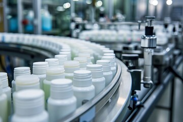 Obraz premium Pharmaceutical production line manufacturing white plastic bottles moving on conveyor belt in pharmaceutical factory