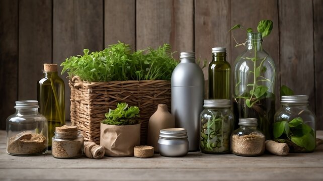 Eco-Friendly Herbal Products in Glass Jars and Bottles with Fresh Greenery