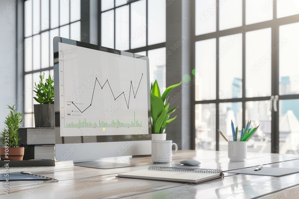 Leinwandbilder A bright office workspace showcases a computer displaying data trends beside plants, notebooks, and stationery, creating an inviting atmosphere. Generative AI