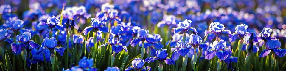 A sprawling field of iris flowers, the sunlight casting shadows that accentuate the intricate patterns of the petals and the rich blues and purples
