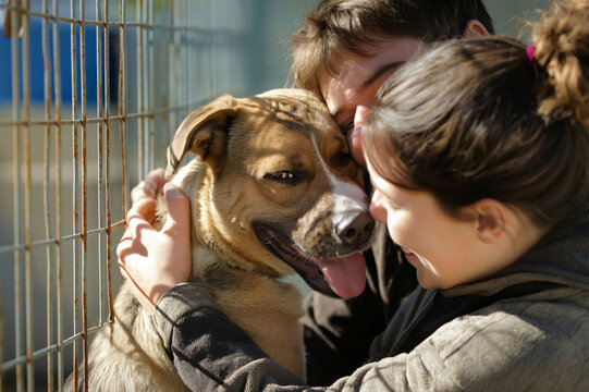 Young couple is hugging a happy dog at the local animal shelter, enjoying their time together
