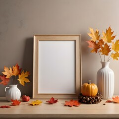 Minimal Blank Photo Frame on Table with Maple Autumn Decor