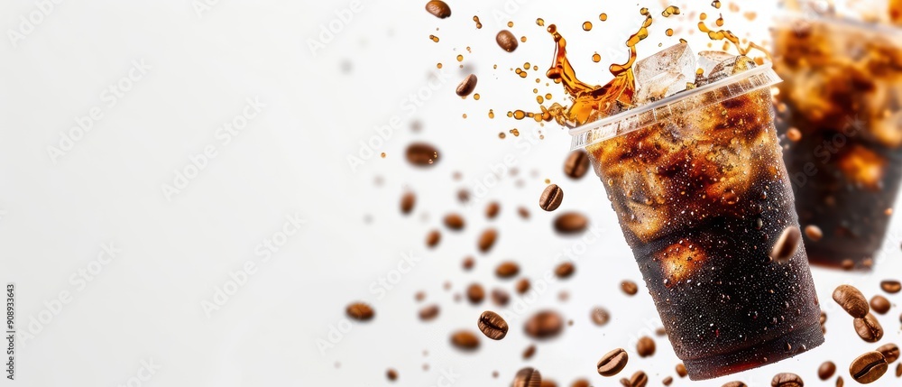 Aufkleber abstract array of thai iced coffee, with steaming cups and coffee beans flying in an empty space, li