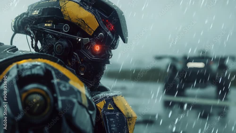 Poster futuristic robot with illuminated eyes in rainy sci-fi setting