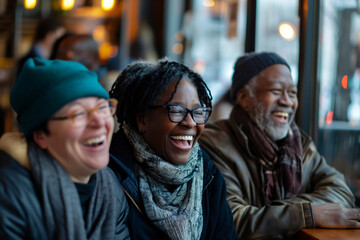 Three mature friends enjoying a lively conversation in a cozy cafe on a cold winter day, laughing and smiling together