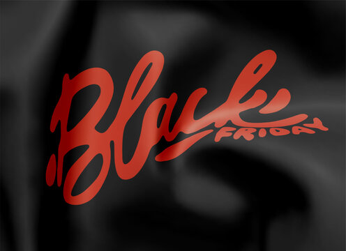 Black Friday text in stylish red font on a black wrinkled fabric background. Sale banner inscription Black Friday on silk rumpled fabric. Realistic design. Vector illustration