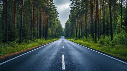 Fototapeta premium An empty road stretches through a dense forest, illuminated by the soft light of dusk, creating a tranquil scene.