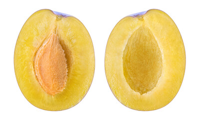 Two halves on a plum fruit with and without kernel, cut out