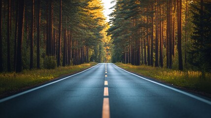 Fototapeta premium A serene road bathed in sunlight stretches through a peaceful pine forest, creating a tranquil and scenic travel route.