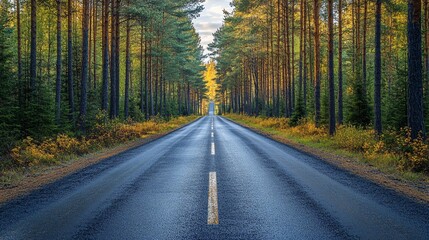 A straight road cuts through a dense pine forest with vibrant greenery and golden light, offering a serene scenic route.