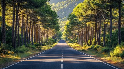 An empty road stretches through a lush green forest, flanked by tall pine trees, creating a serene and tranquil scene.