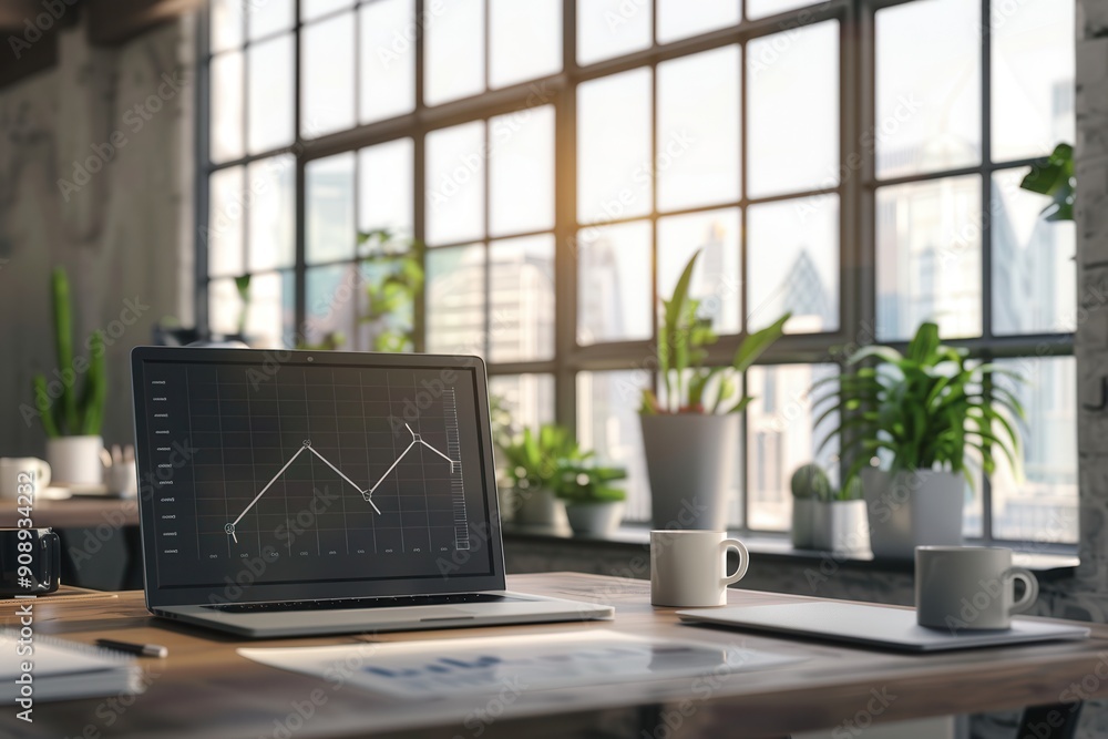 Aufkleber A sleek office environment with large windows allows sunlight to illuminate a workspace featuring a laptop with graphical data and minimalist decor. Generative AI