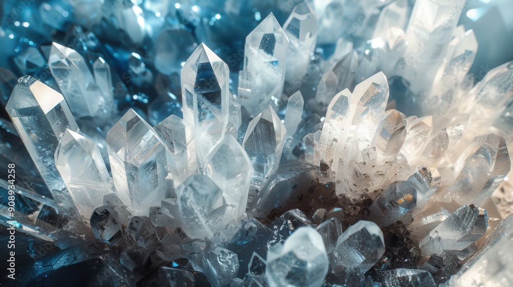 Poster sparkling quartz crystals cluster together, reflecting light and creating a vibrant display in a ser