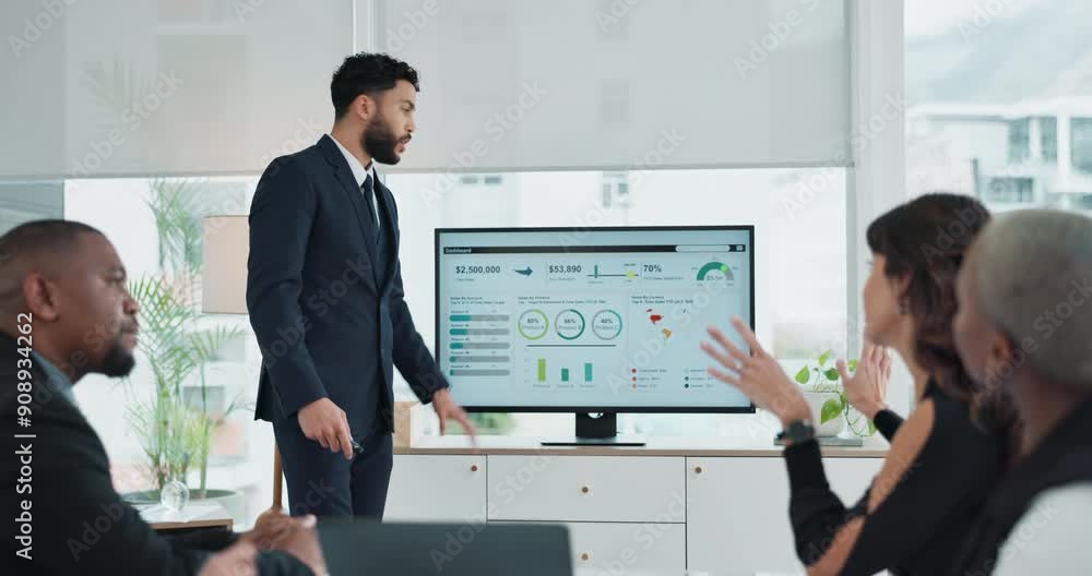 Poster Business people, meeting and presentation screen with data analysis, diversity and insights in tech company. Team, collaboration and development for workshop, analytics or discussion in brainstorming