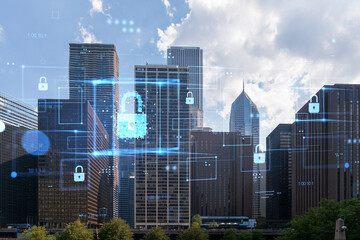 Digital security concept with padlocks over cityscape background.