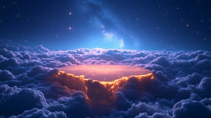 Fototapeta premium Glowing Island Floating Above a Sea of Clouds Under a Starry Sky