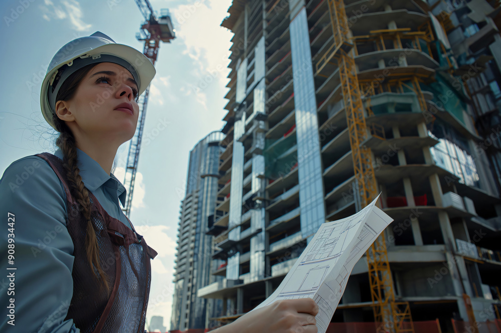 Poster construction site engineer is reviewing blueprints in front of a high rise building under constructi