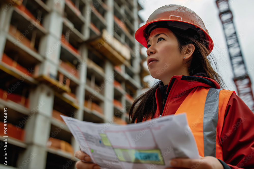Poster focused female engineer inspects building site with blueprints, ensuring correct implementation of d