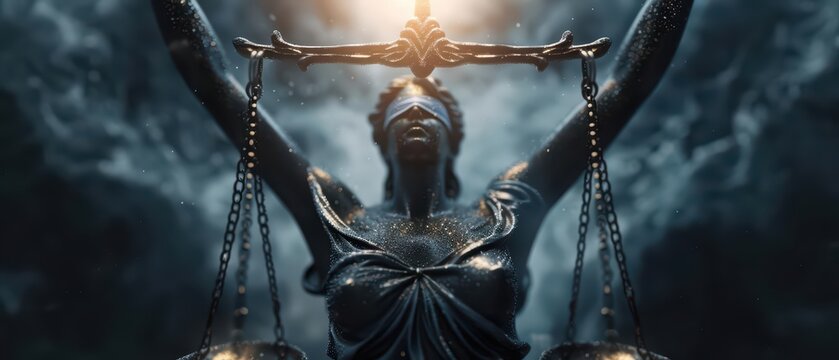 An ultramodern, supernatural scene, fairness is personified as a radiant entity balancing opposing forces