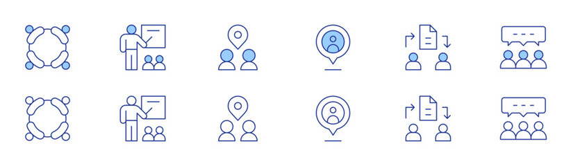 Meeting icon set in two styles, Duotone and Thin Line style. Editable stroke. location, presentation, file sharing, meeting point, discussion, meeting